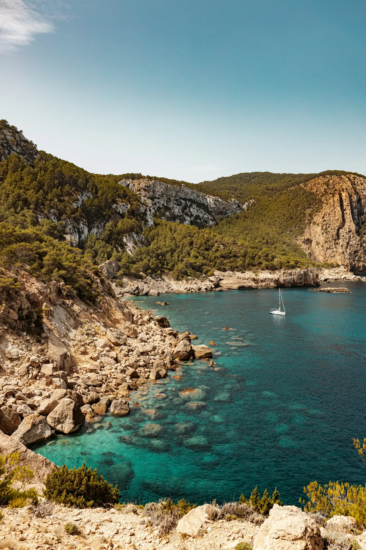Boats anchored in a turquoise cove below pine-covered cliffs